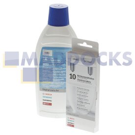 Original Reinigungstabletten BSH für Kaffeemaschinen (Packung mit 10 Stück) und Entkaltungsflüssigkeit für Dampfofen und Kaffeemaschinen (500 ml)